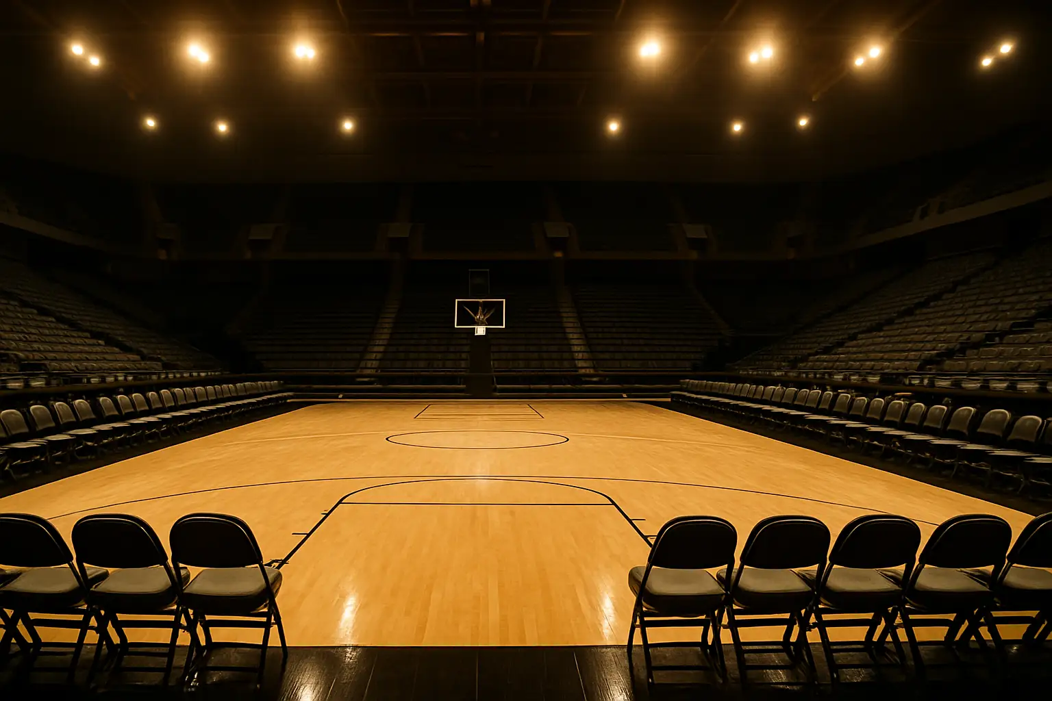 Basketball court with two team benches representing a mid-major conference challenge series