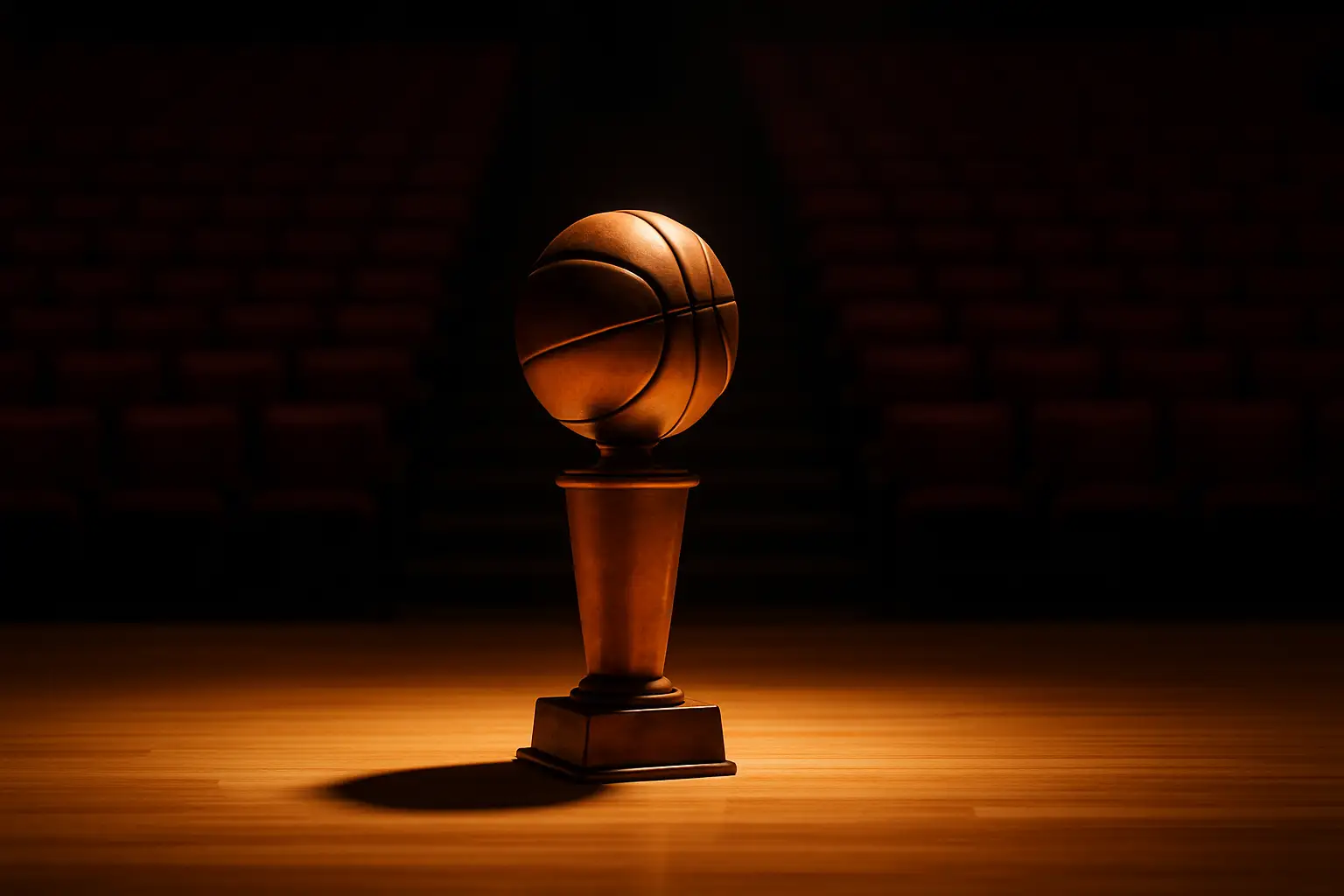 A gleaming bronze basketball trophy on a hardwood stage under bright ceremony lights