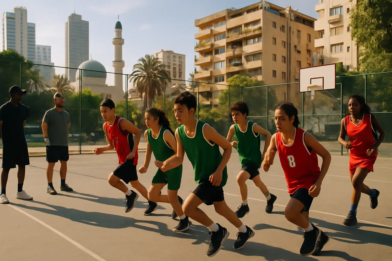 Young basketball players practicing on an outdoor court during an international development camp