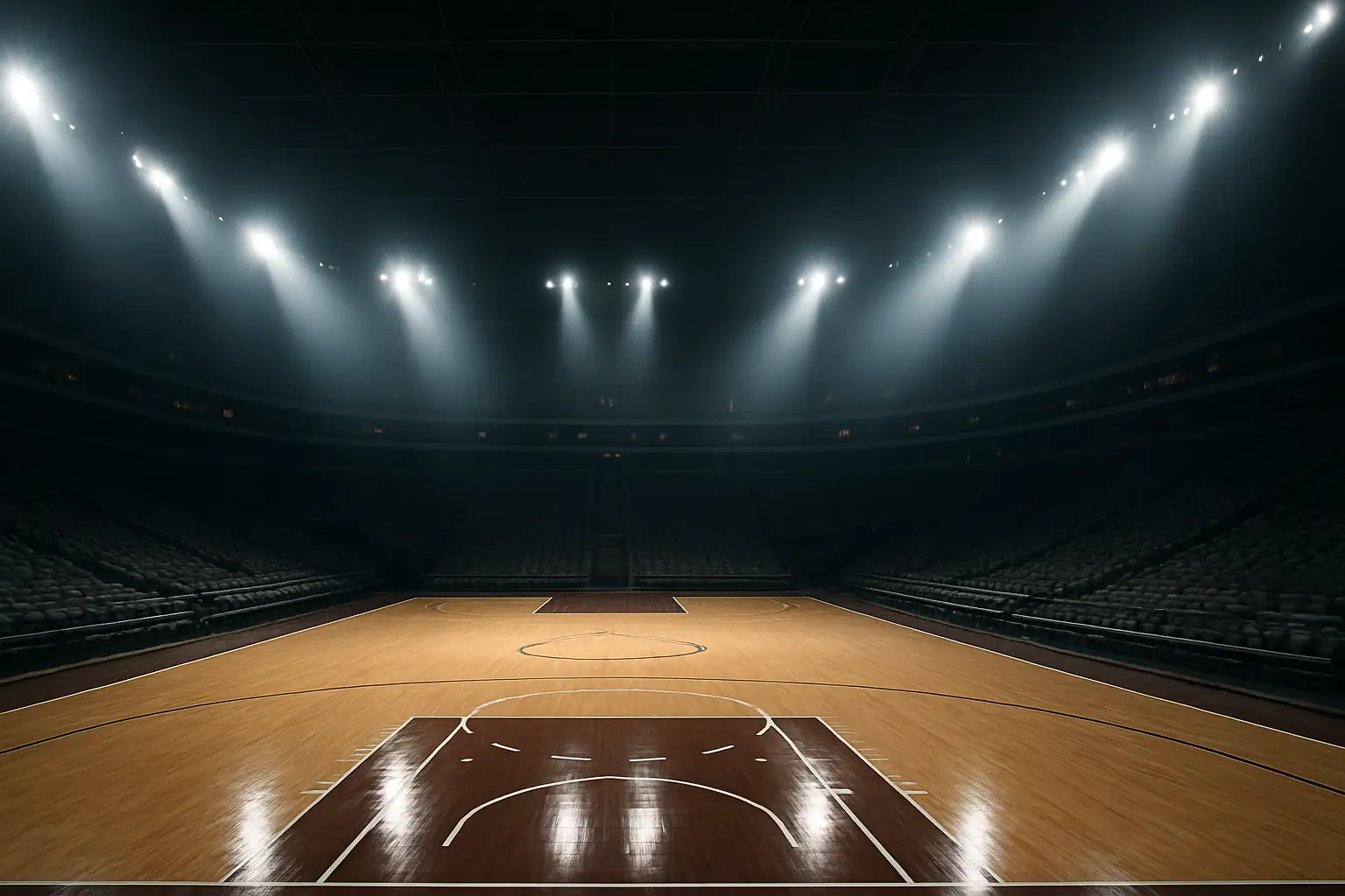 Basketball court with spotlights and an empty podium ready for a major draft event