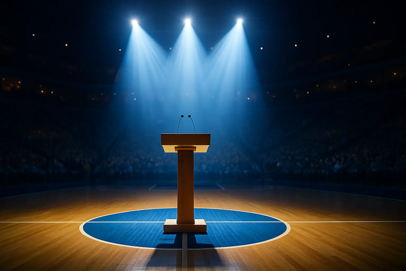 A basketball arena stage set up for an NBA Draft with a podium and bright lights