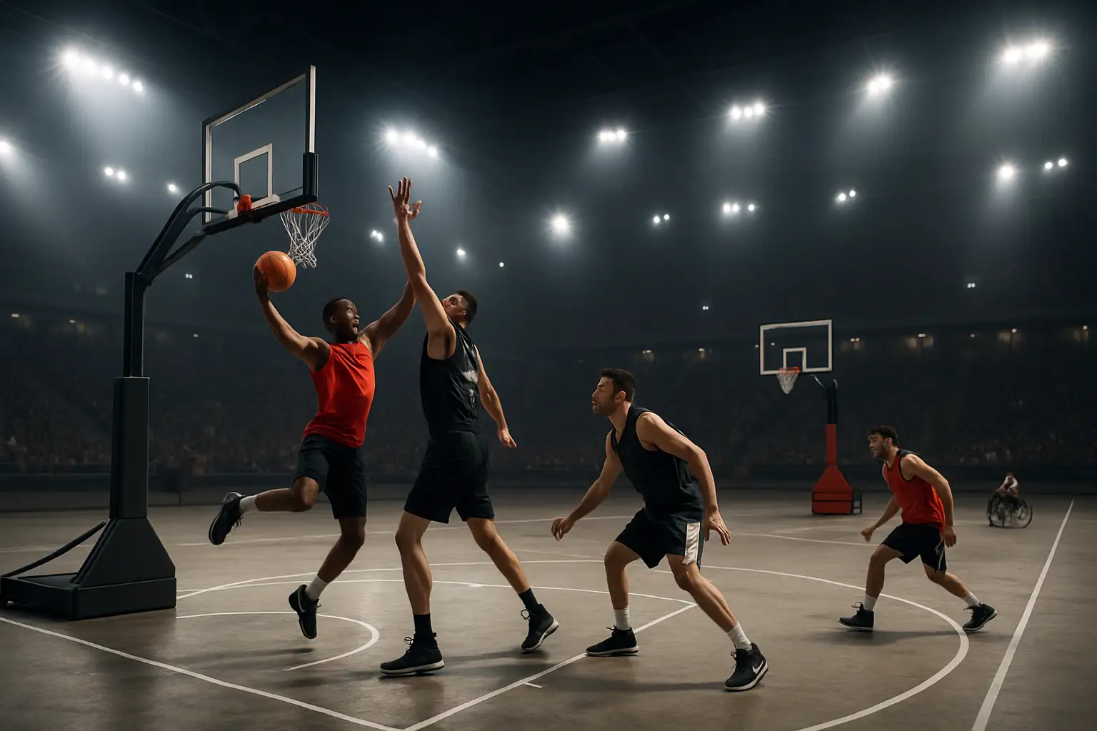 Athletes competing in 3x3 basketball on an outdoor half-court at a major multi-sport games venue
