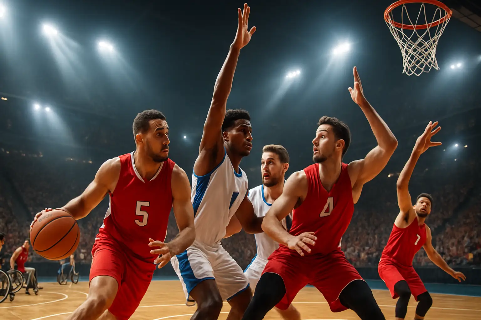Players competing in a fast-paced 3x3 basketball game on an outdoor half-court during a major multi-sport event