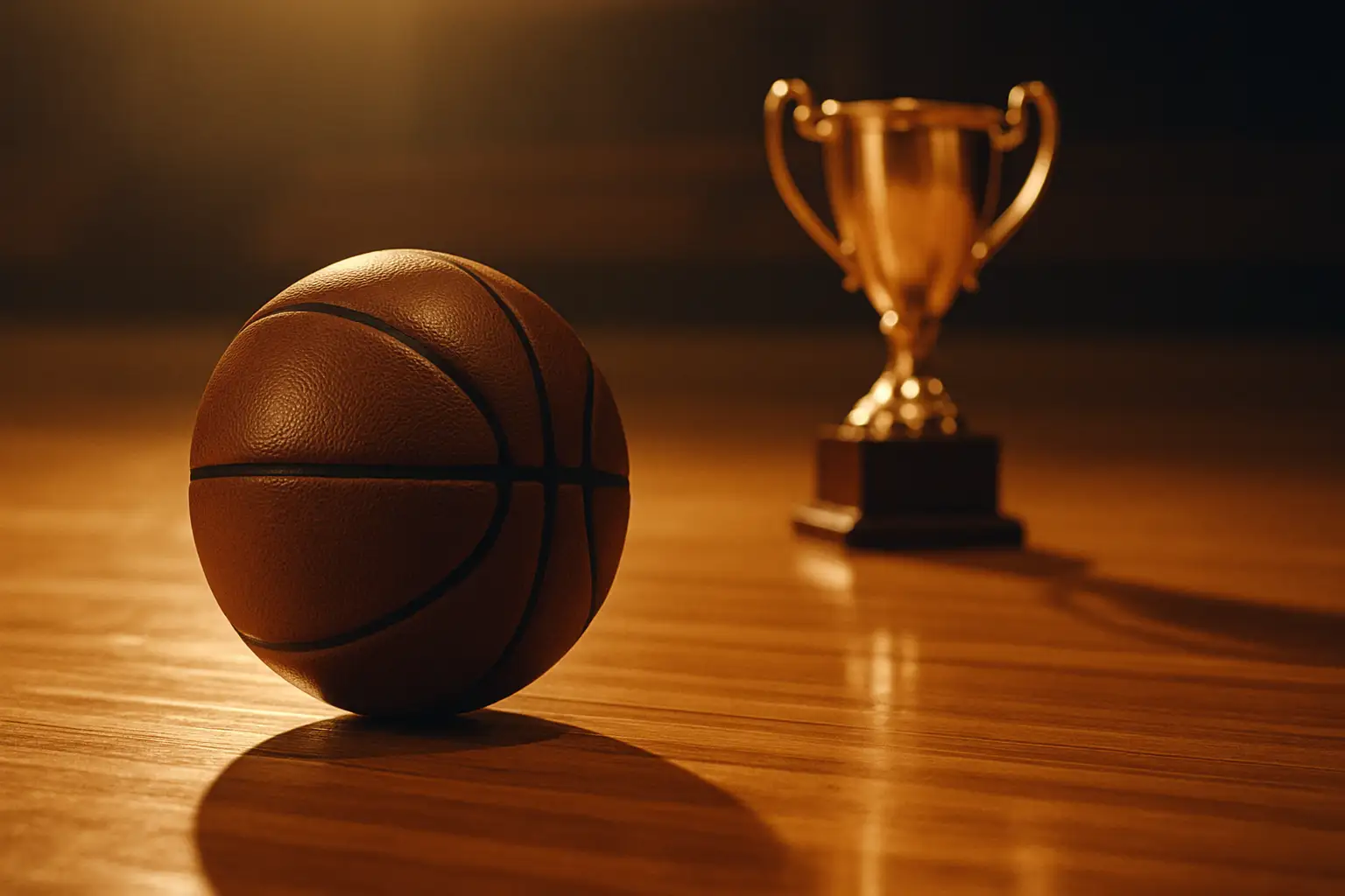 A basketball resting on a hardwood court with a trophy in the background under arena lights