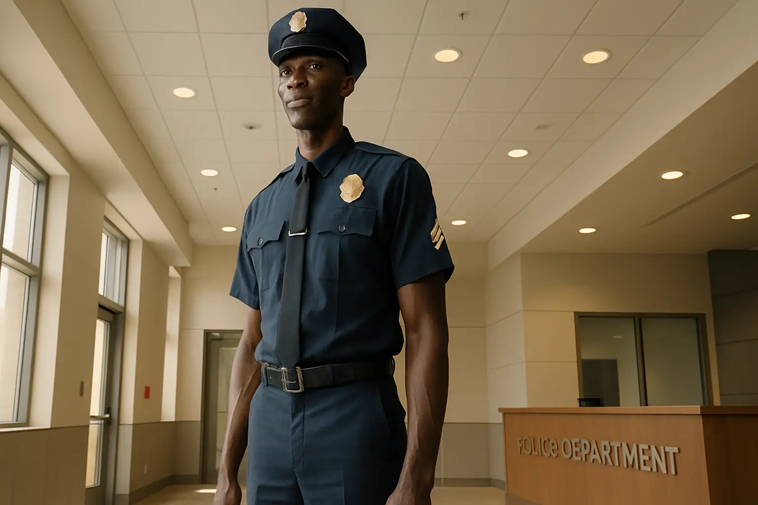 A very tall man in a police uniform standing at attention inside a law enforcement building