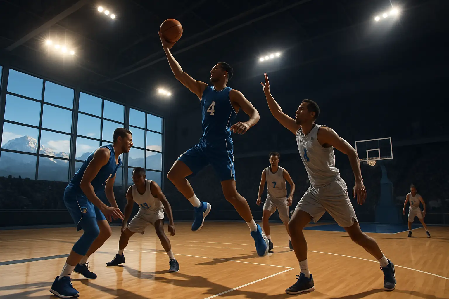 Air Force Falcons basketball players on a college court during a Mountain West conference game