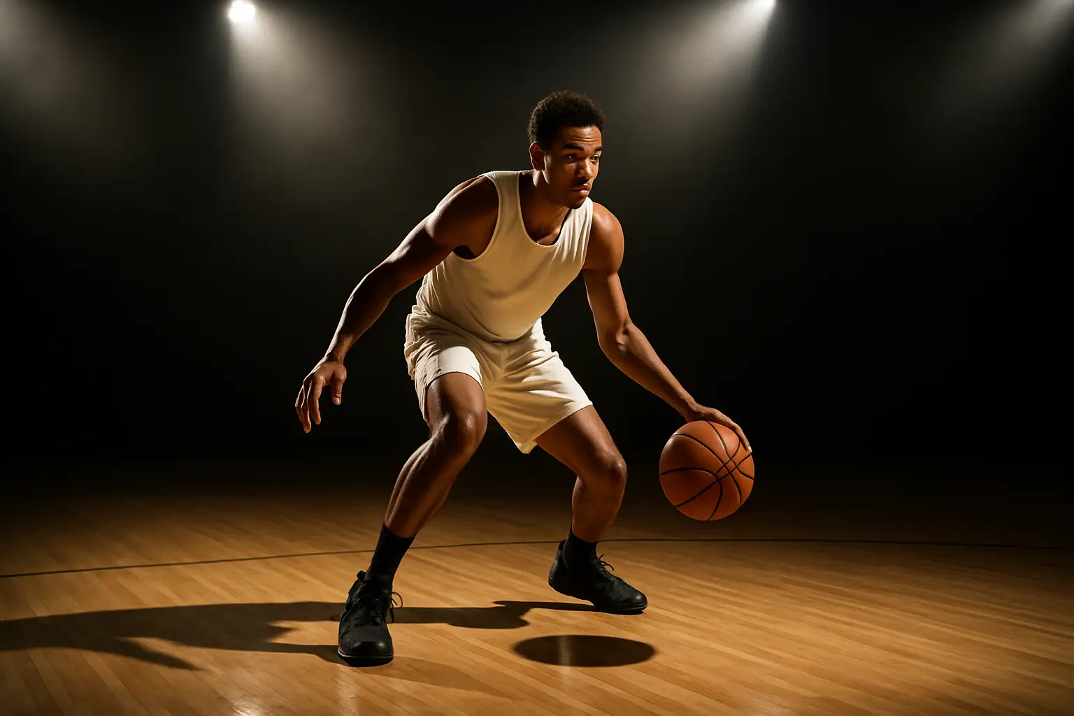A college basketball player dribbling on an indoor court under bright arena lights