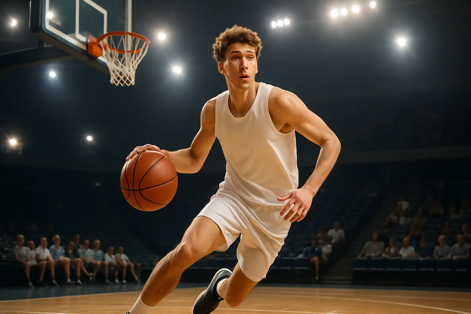 Basketball player driving to the hoop during an NBA Summer League game in a nearly empty arena
