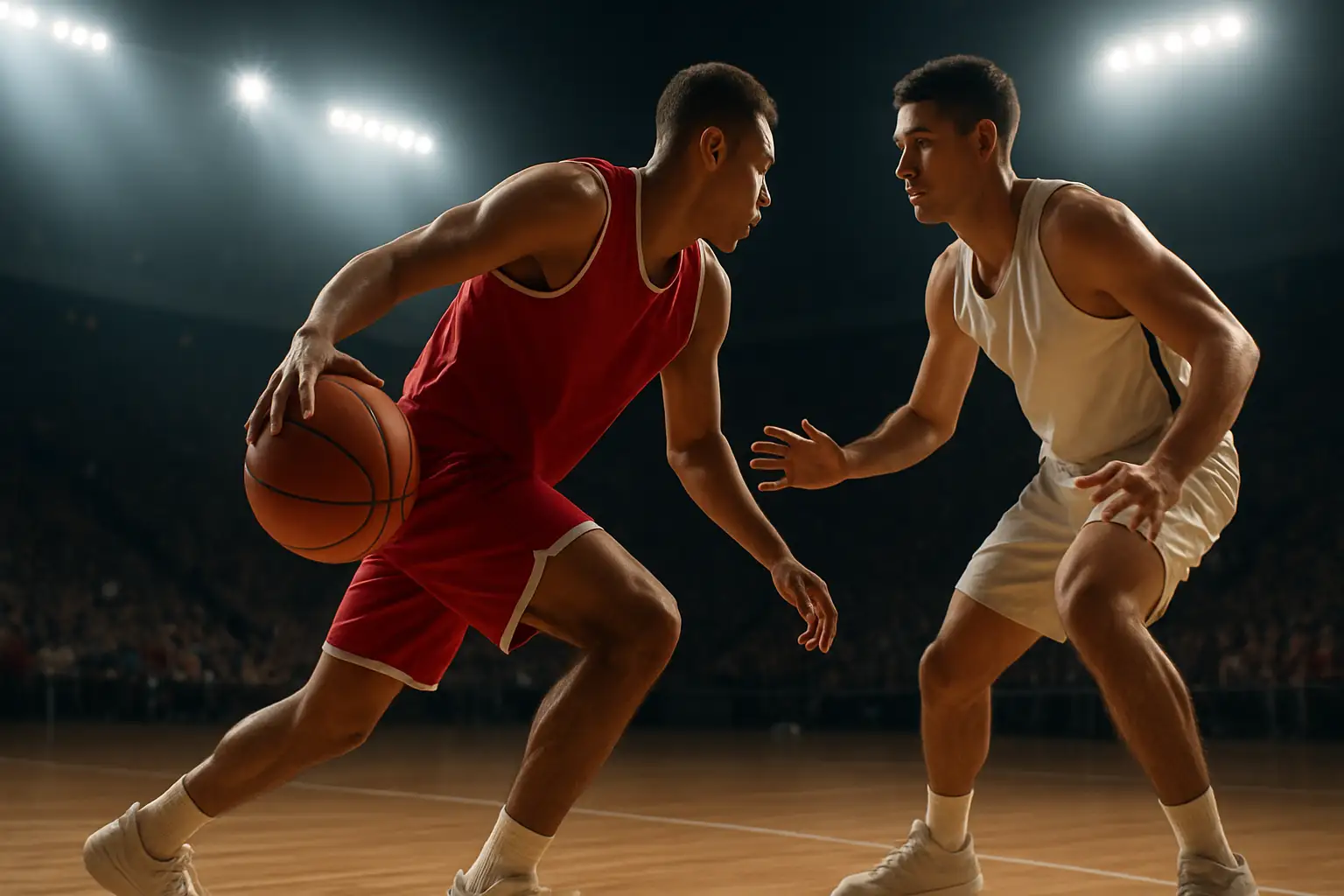 Alabama basketball player in Crimson Tide uniform dribbling on a college court