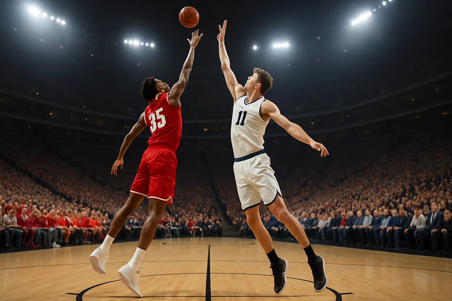 Two college basketball teams facing off at center court during tip-off in a packed arena