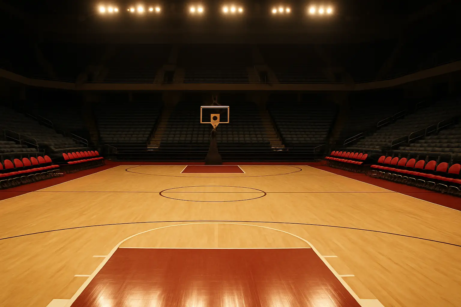 College basketball court with two team benches facing each other under arena lights