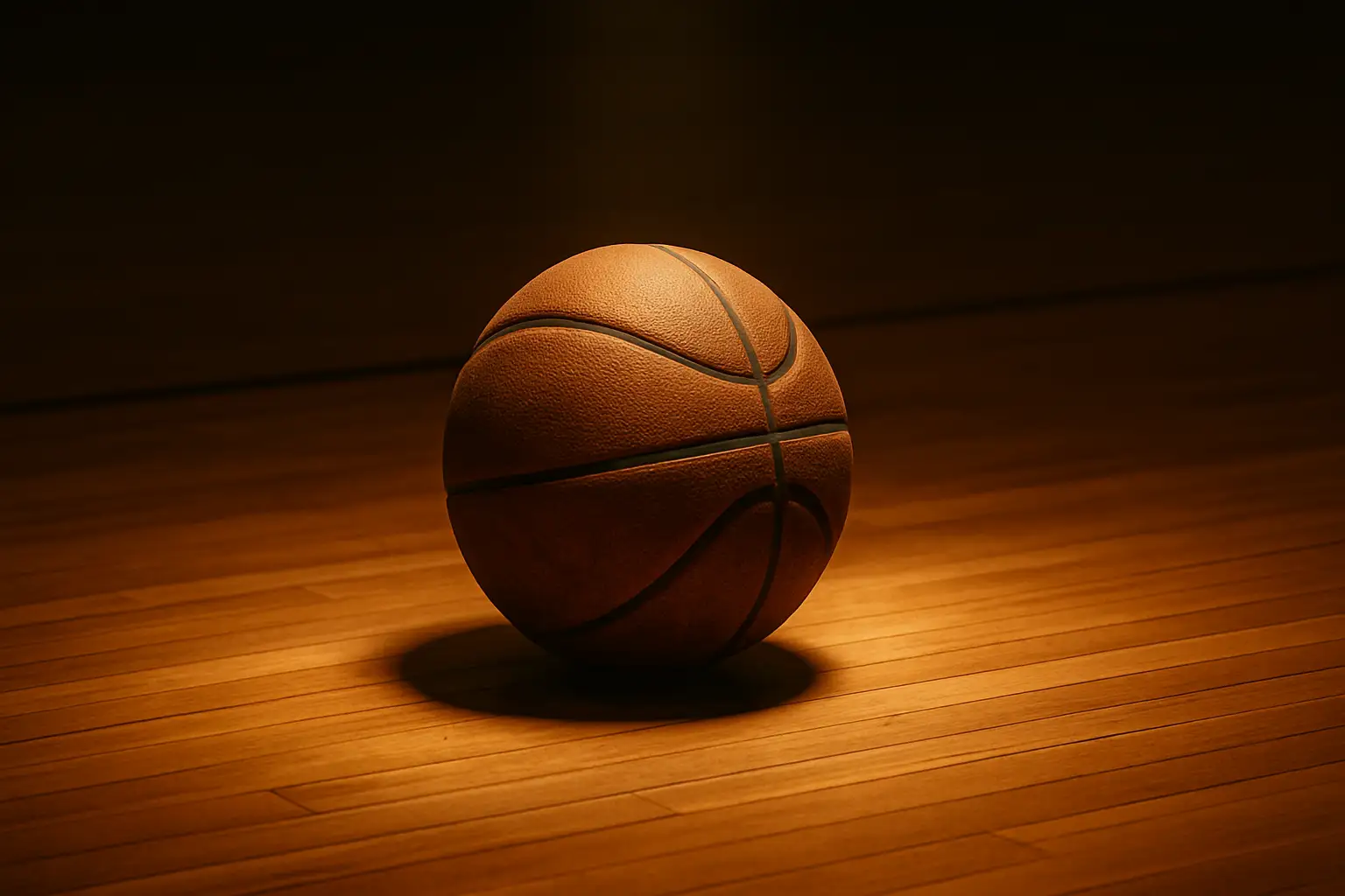 A basketball displayed on a hardwood court floor with a spotlight shining down on it