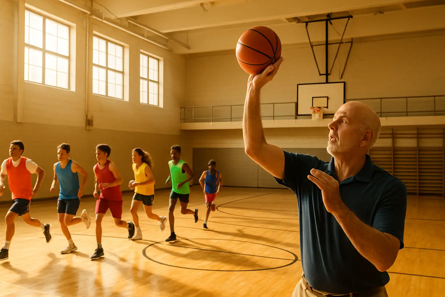 Young basketball players practicing drills on an indoor high school court with a coach instructing them