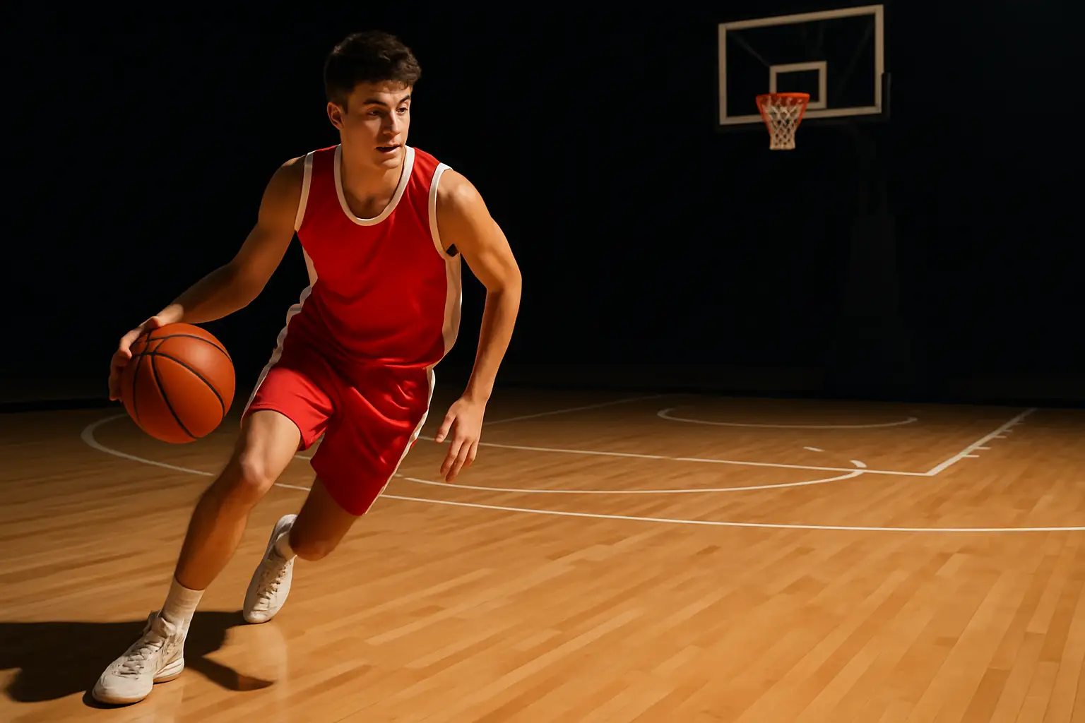 Young basketball player in a national team jersey dribbling on an indoor court