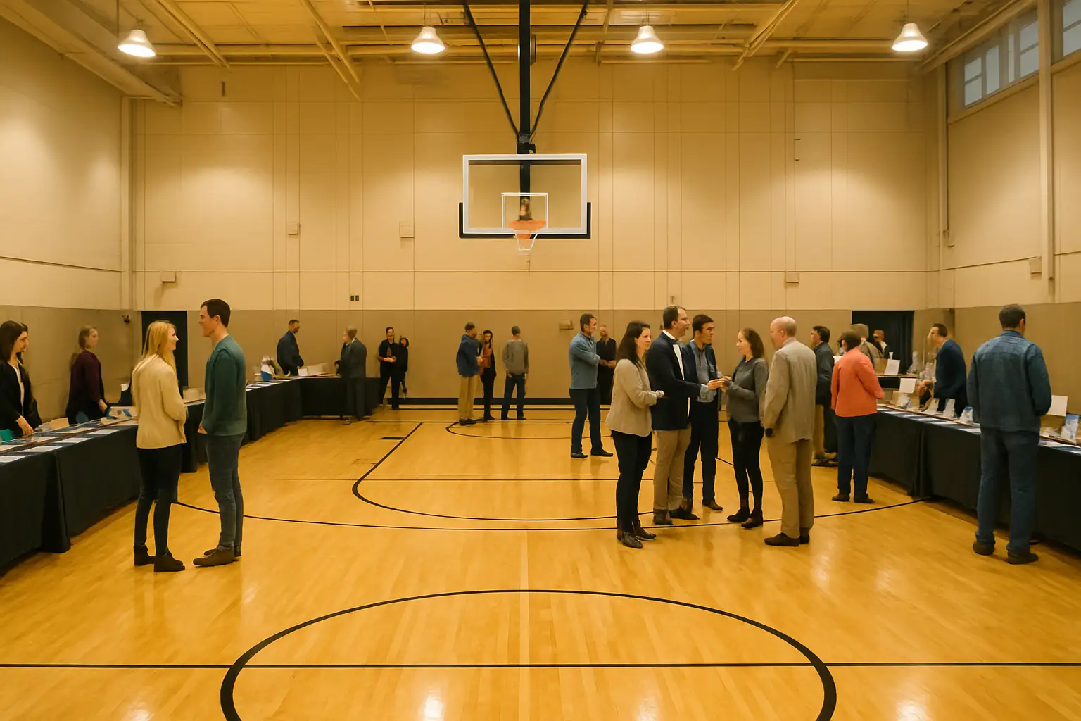 Basketball court inside a university gymnasium decorated with veteran recognition banners