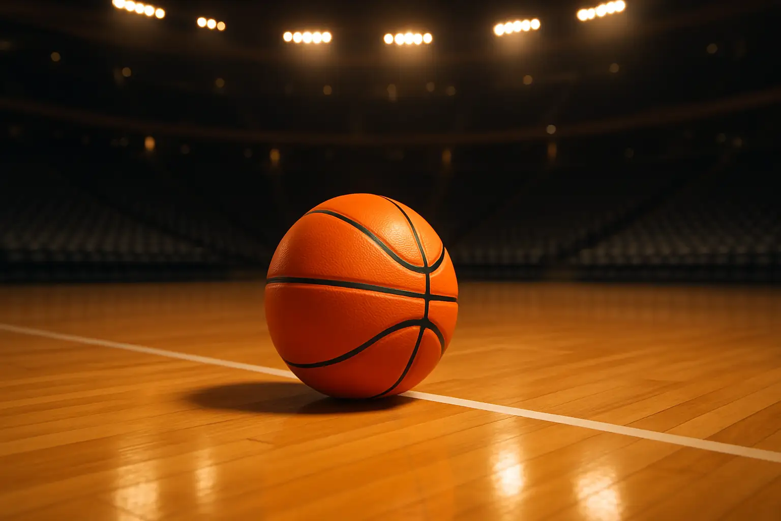 Basketball on a hardwood court with empty arena seats in the background