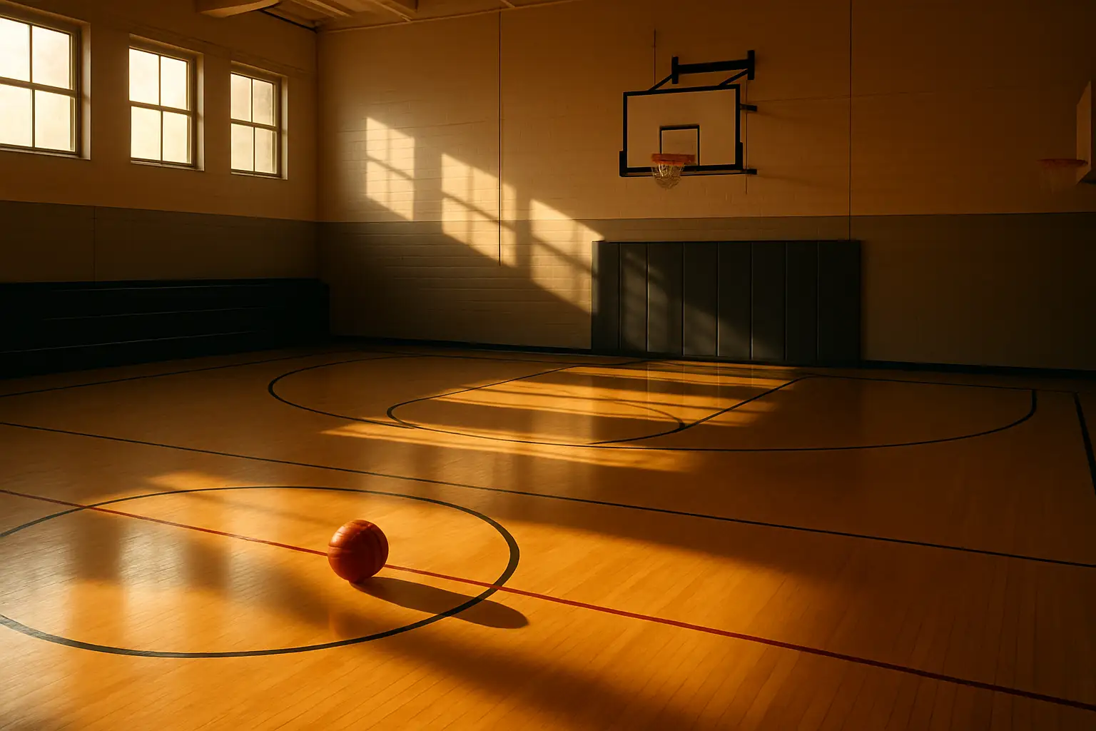 A basketball sitting on a hardwood court near a hoop in an empty gym
