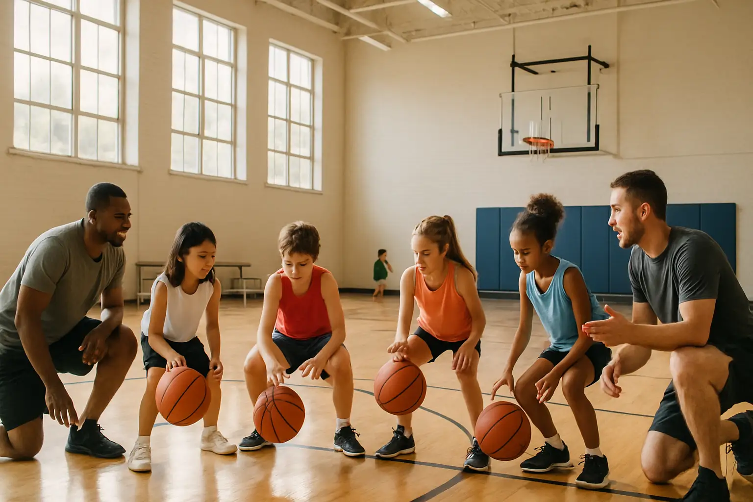 Young basketball players practicing drills in a Chicago gymnasium with coaches watching