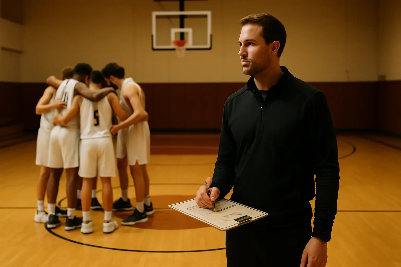 A basketball coach addressing players during a practice session on an indoor court