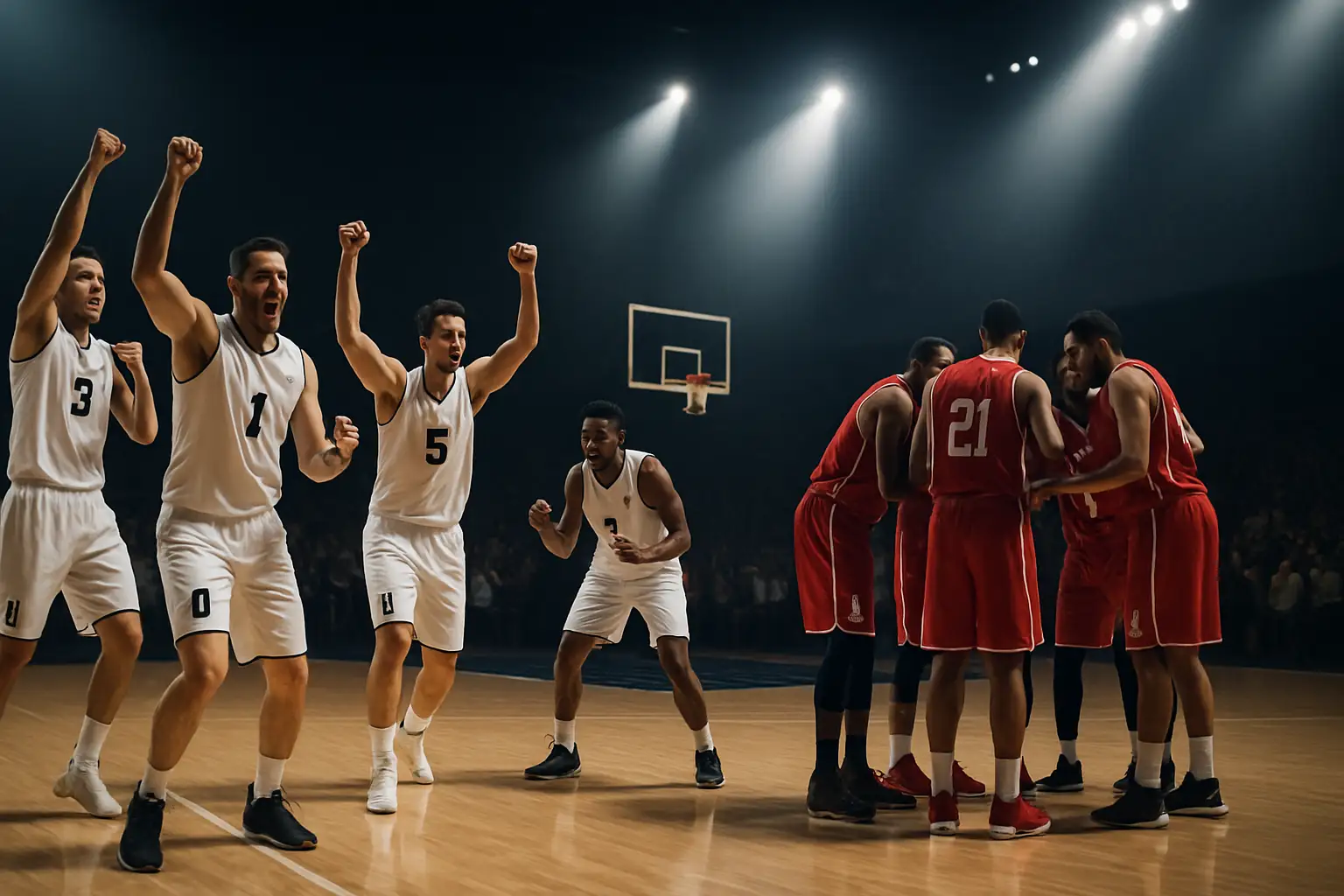 Basketball players competing in a championship finals game under bright arena lights