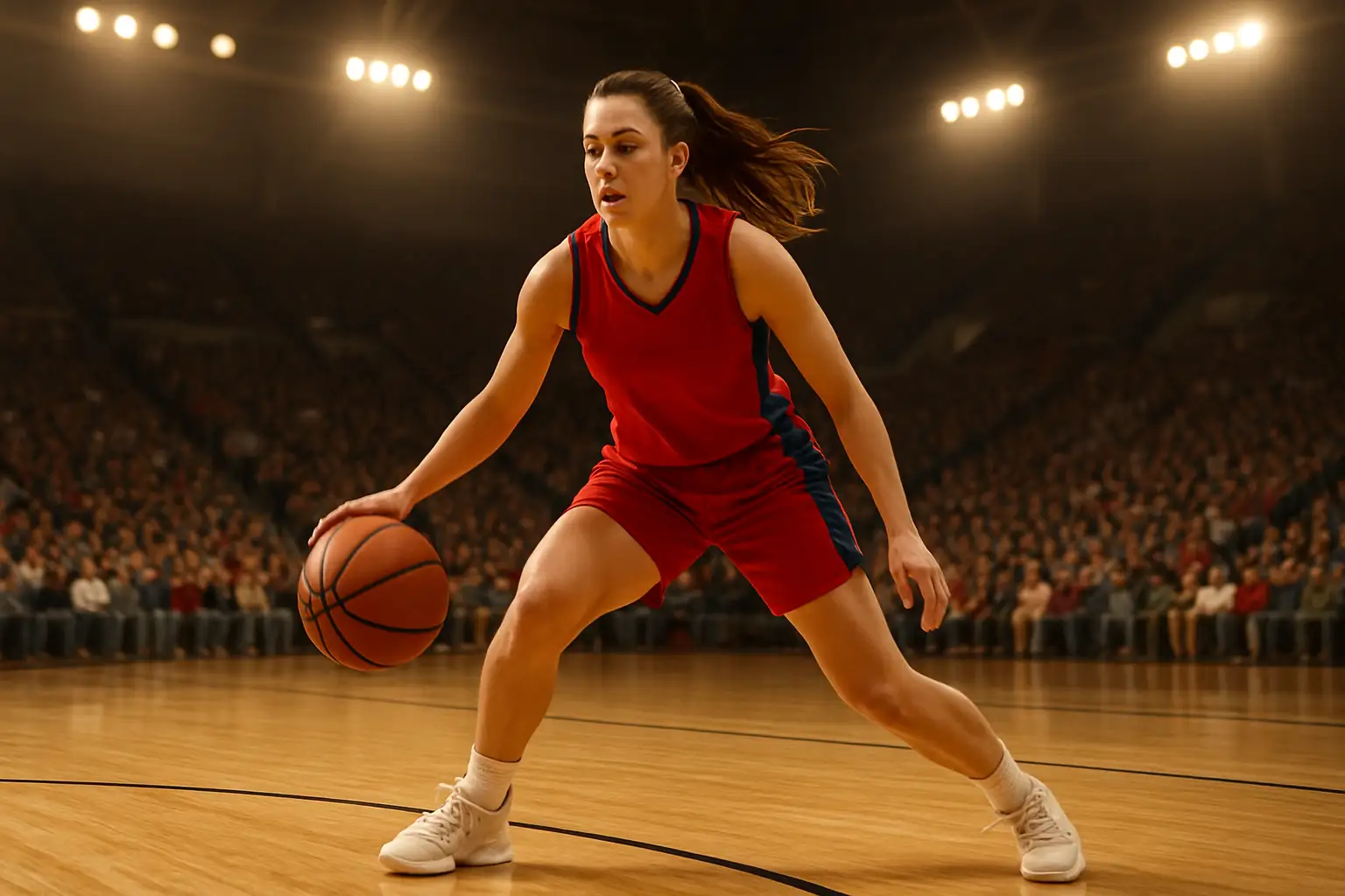 Arizona Wildcats women's basketball player dribbling on a college court