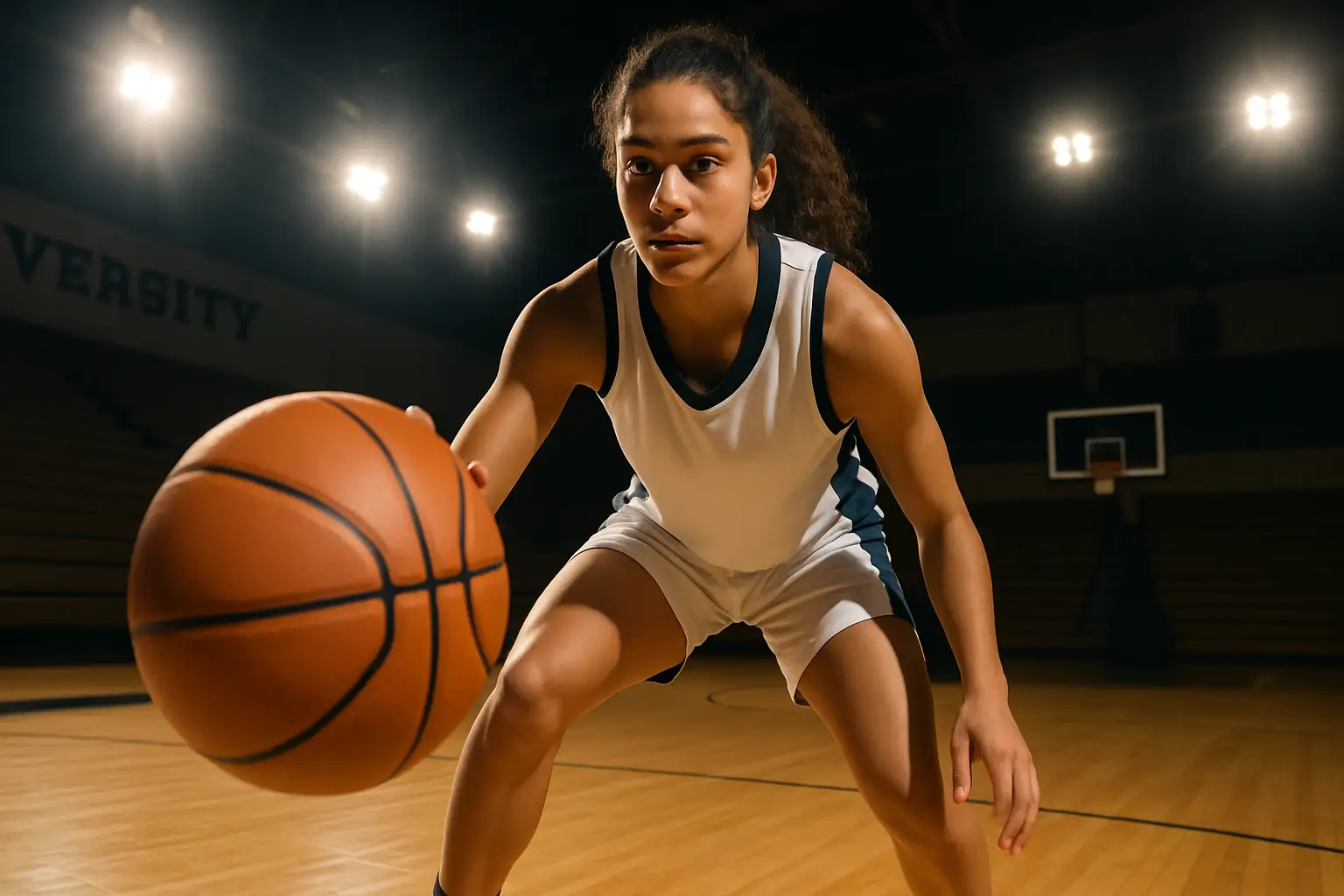 A women's basketball player dribbling on an indoor court during a game