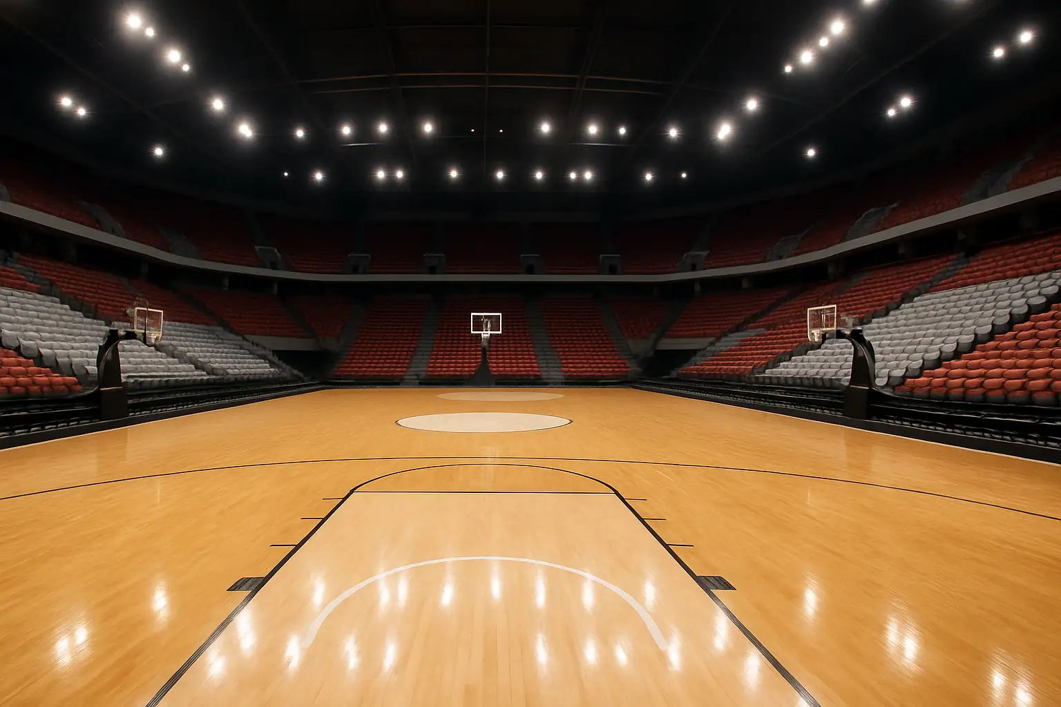 Empty college basketball arena with hardwood court and bright overhead lighting