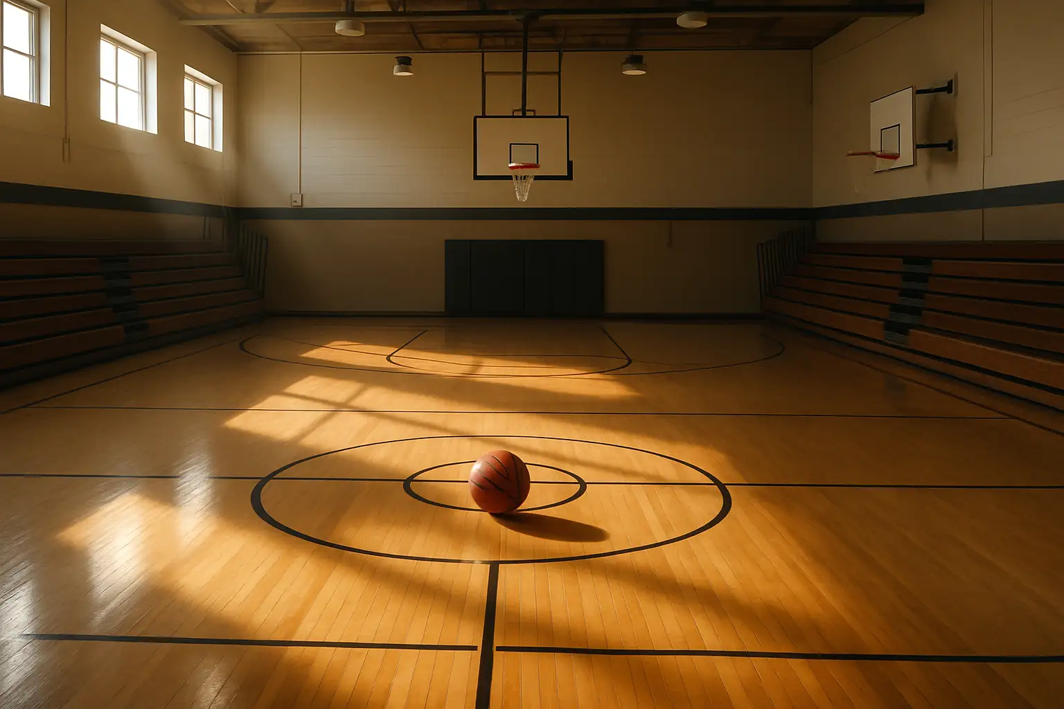 Empty high school basketball court with a single basketball resting at center court under gymnasium lights