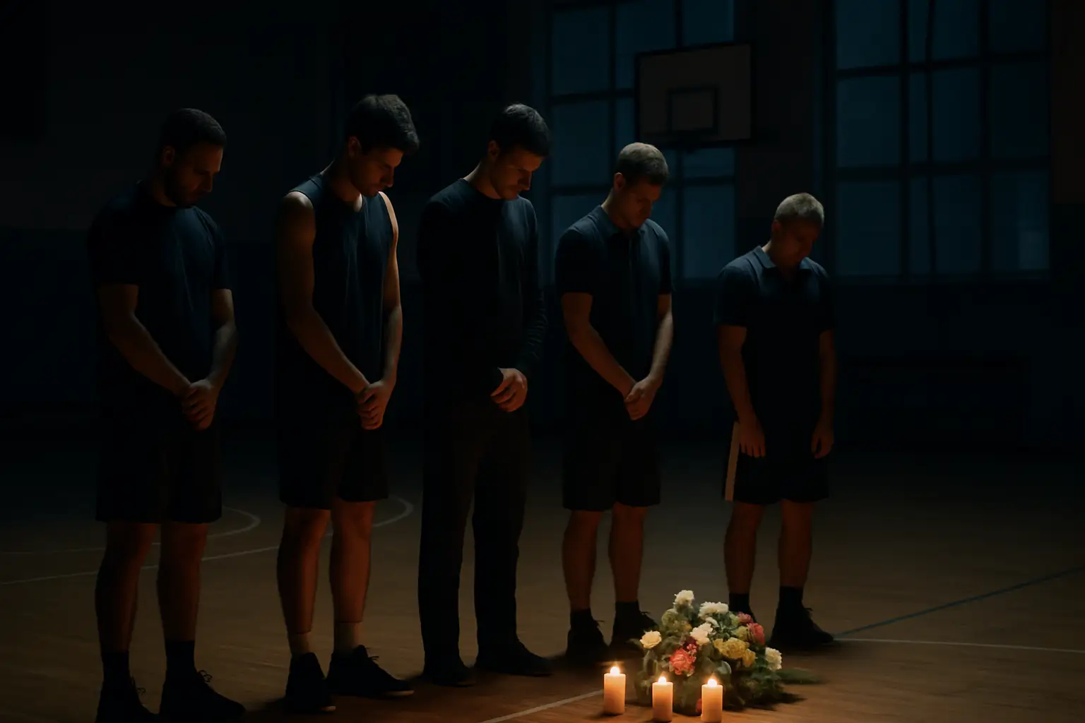 Basketball players and a coach standing solemnly inside a gymnasium to honor a fallen community member