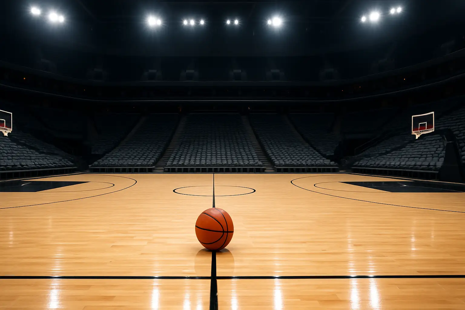 Empty indoor basketball arena with court lights on and seats vacant