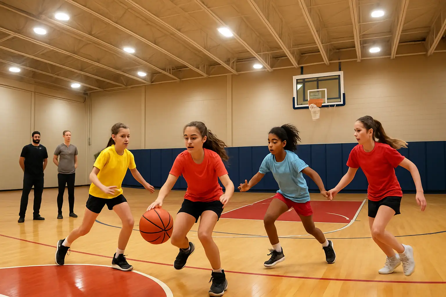 Young girls practicing basketball drills on an indoor court during a summer camp session