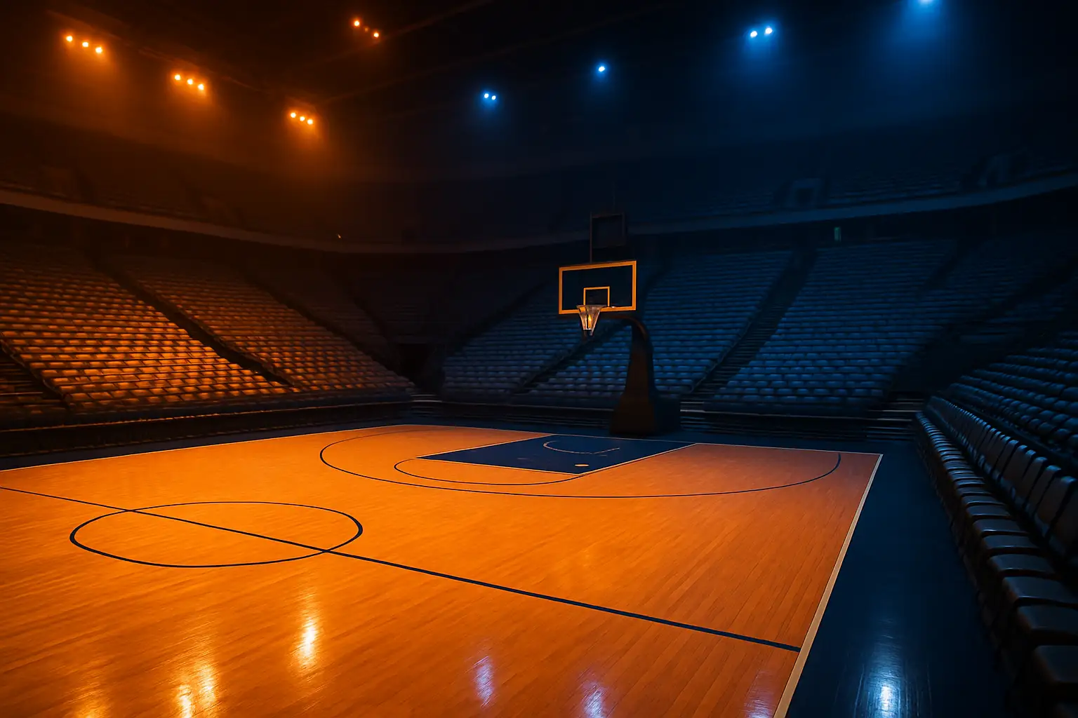 Auburn basketball court interior with team colors and arena lighting