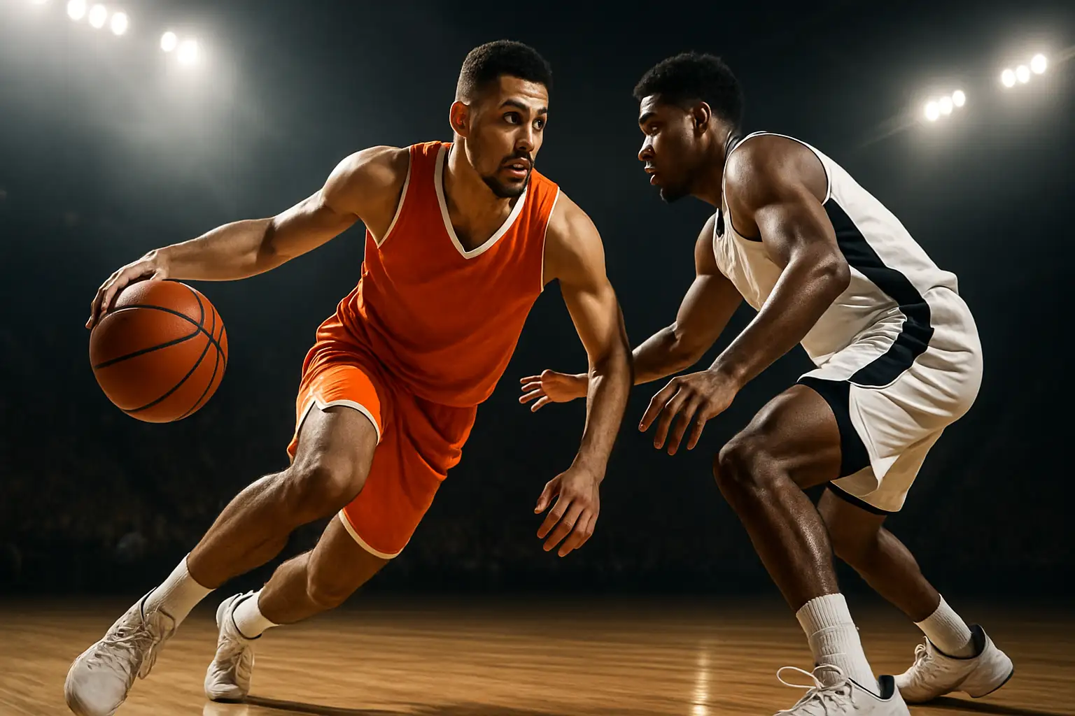 Auburn basketball player dribbling on an indoor college basketball court