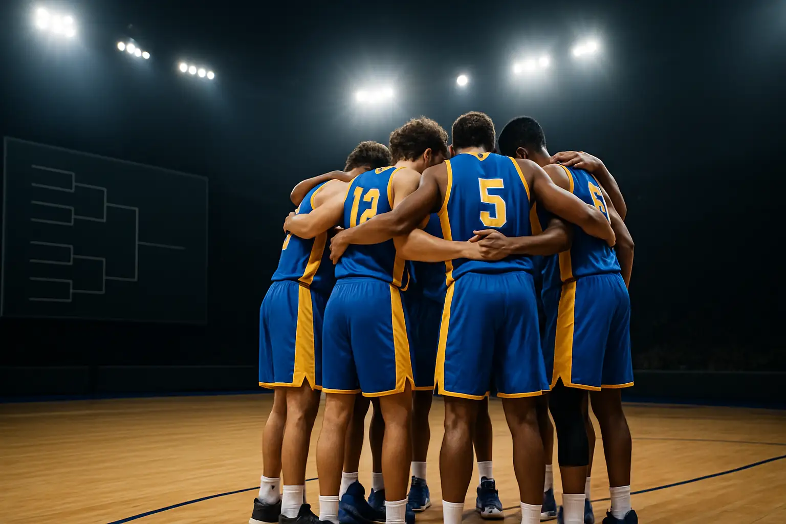 Australian basketball players huddle on court during an international tournament
