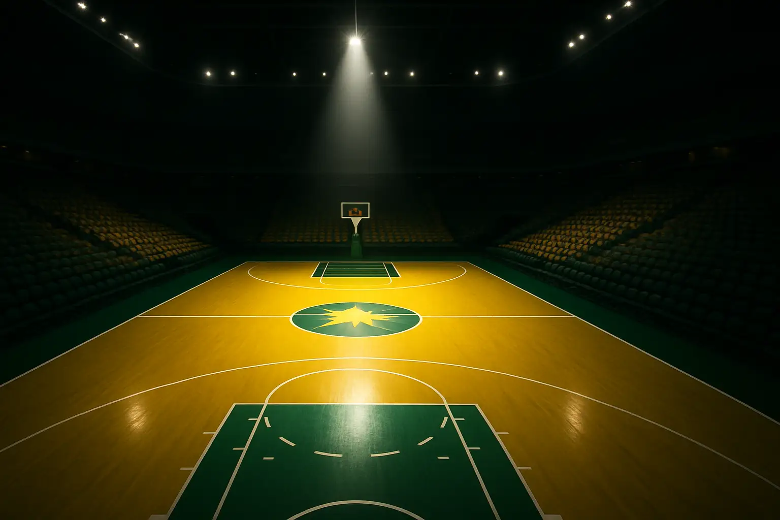 A basketball court in Australia with a spotlight shining on center court