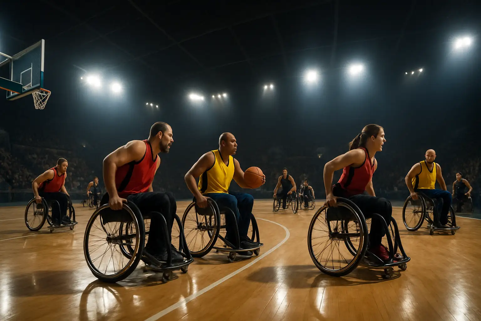 Wheelchair basketball players competing on an indoor court during an international tournament