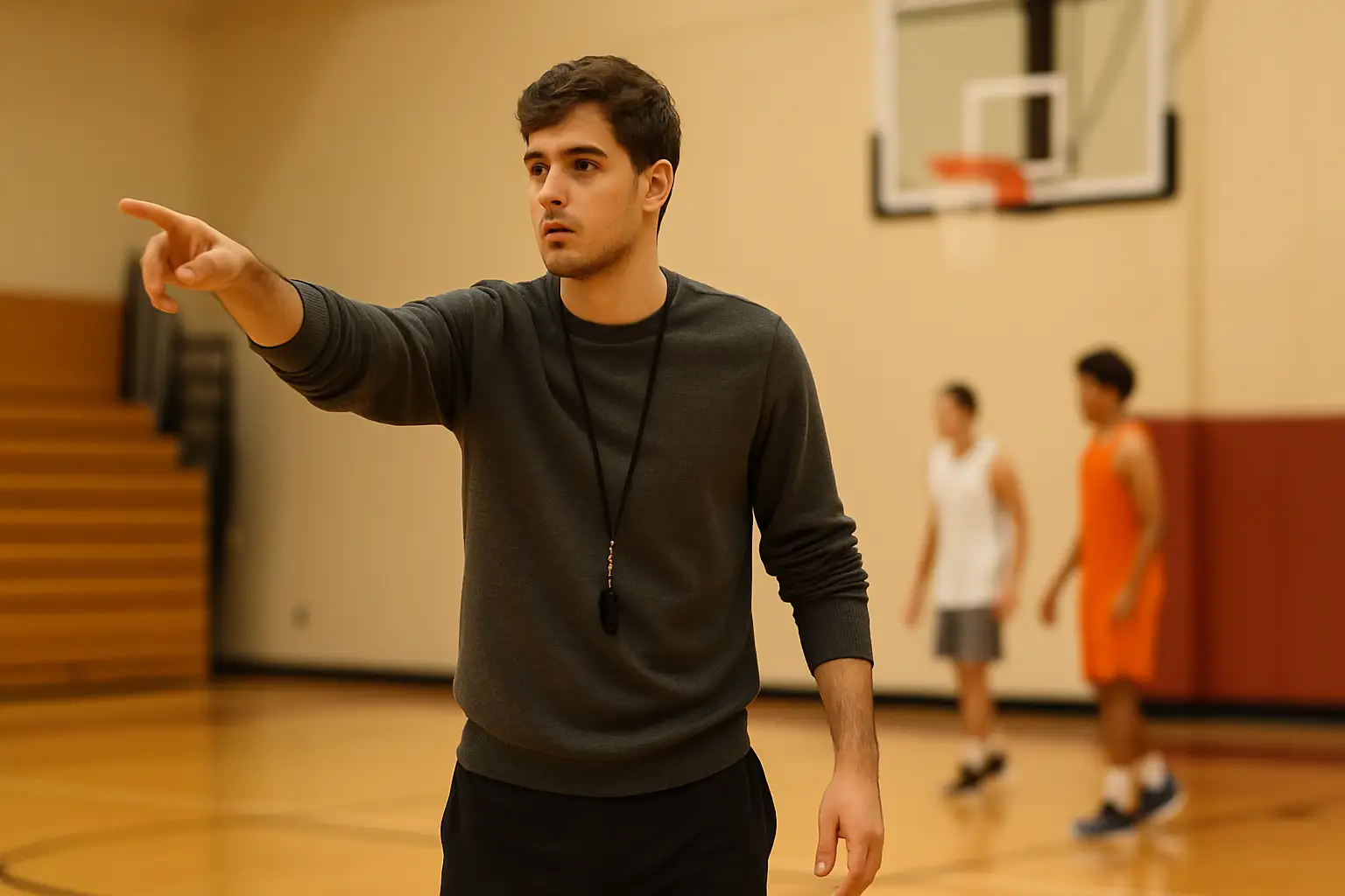 A basketball coach addressing players on a college gym sideline