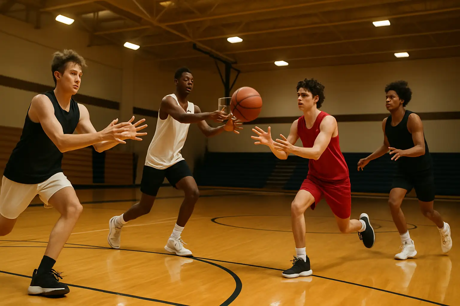 High school basketball players running drills in a gymnasium during an offseason workout session