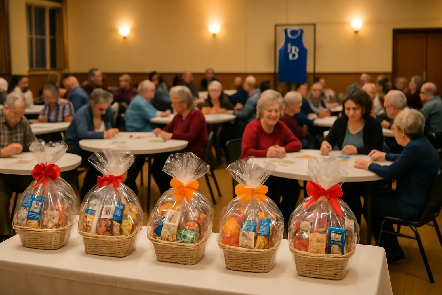 Wheelchair basketball players on an indoor court with colorful bingo cards and gift baskets in the foreground