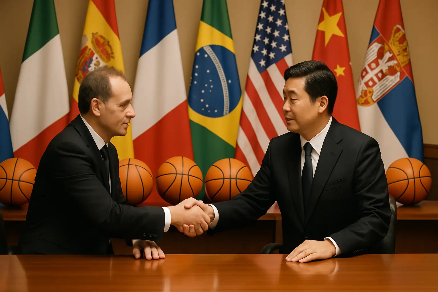 Two basketball officials shaking hands across a table with basketballs and national flags in the background