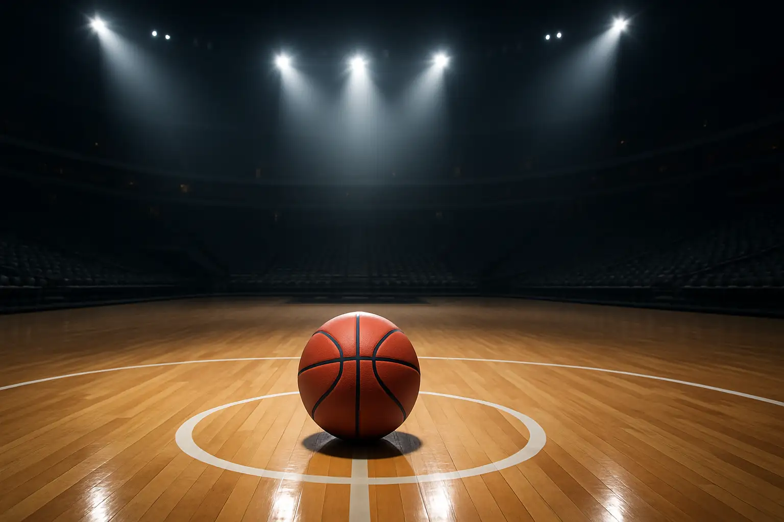 A basketball sitting at center court inside a large, empty professional arena with bright overhead lighting