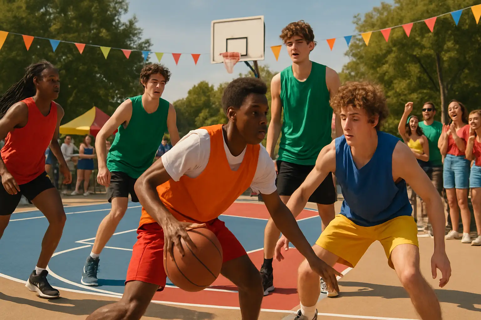 Young basketball players competing at an outdoor youth festival