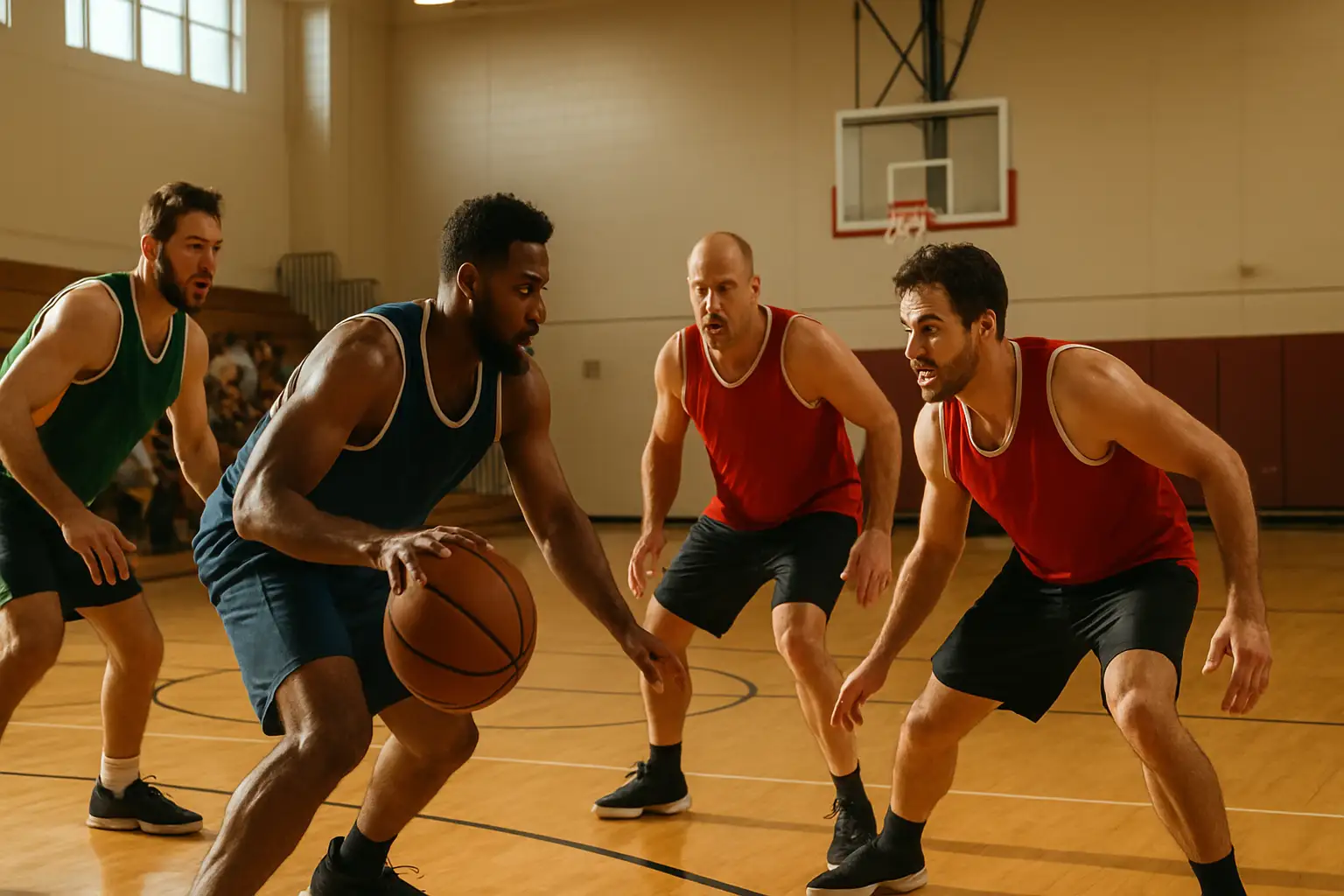 Basketball players competing in an alumni tournament inside a high school gymnasium
