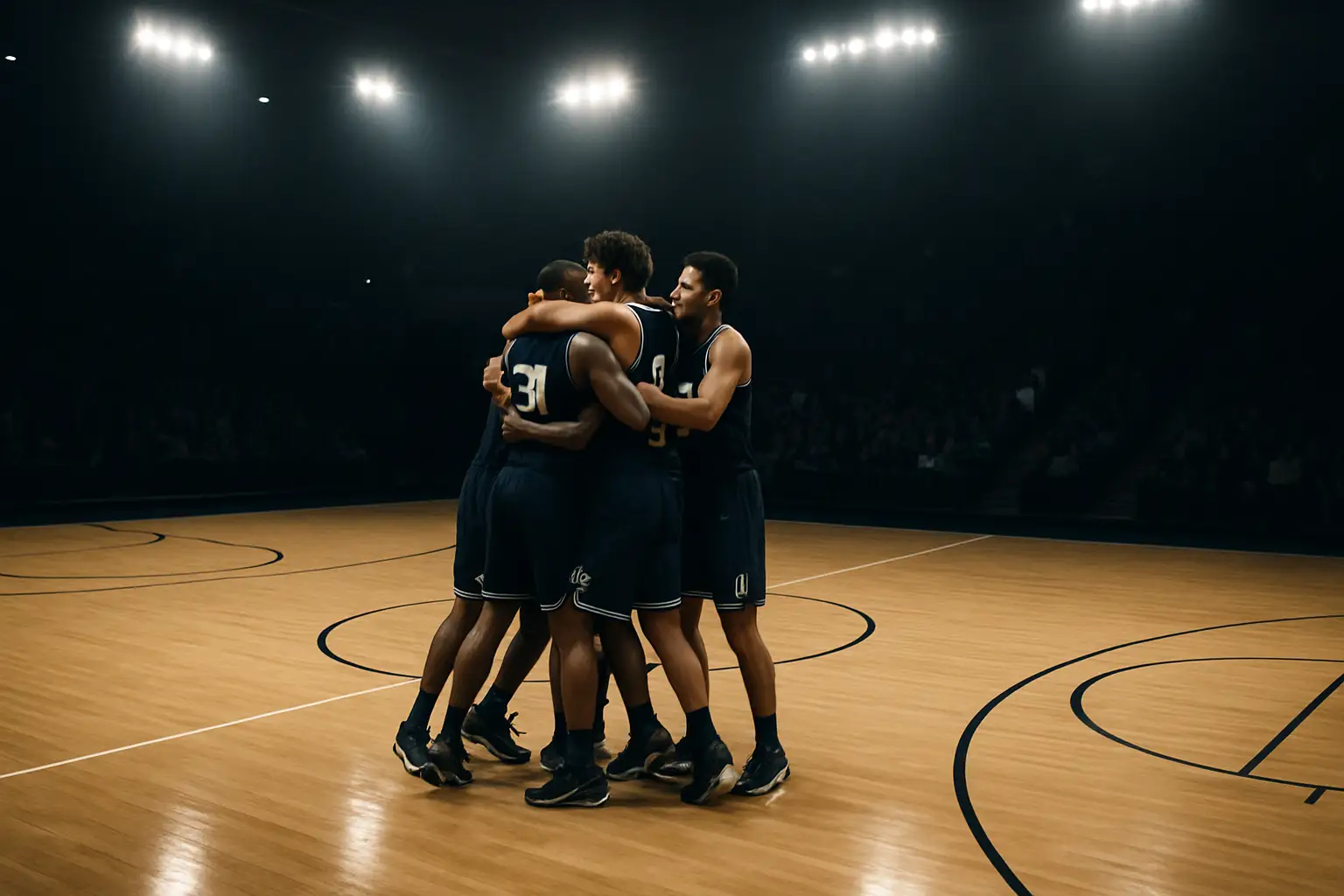 Baylor basketball players celebrating a dominant win on a court during an international exhibition game
