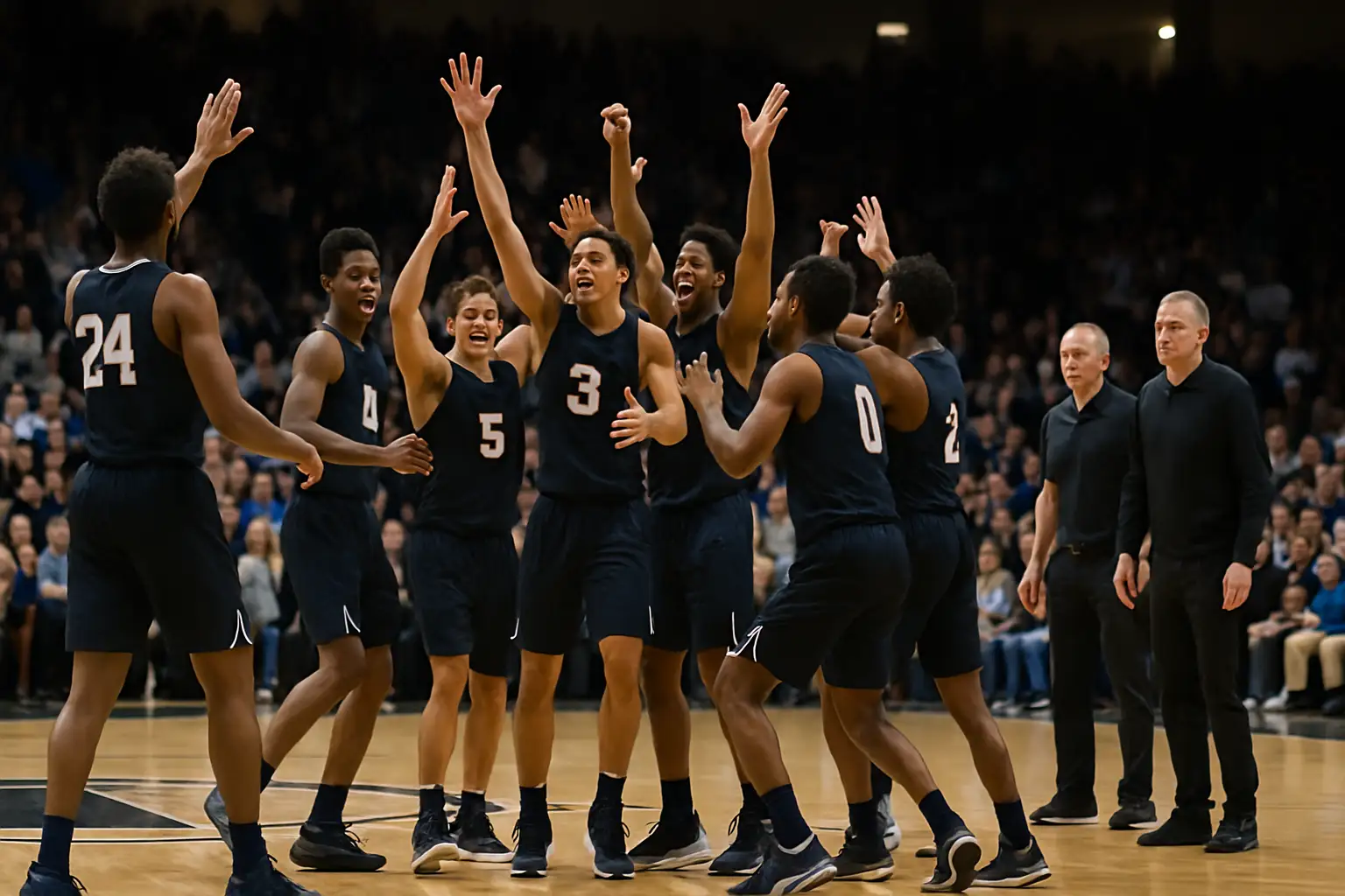 Baylor men's basketball players celebrating on the court after a blowout win during a foreign tour game