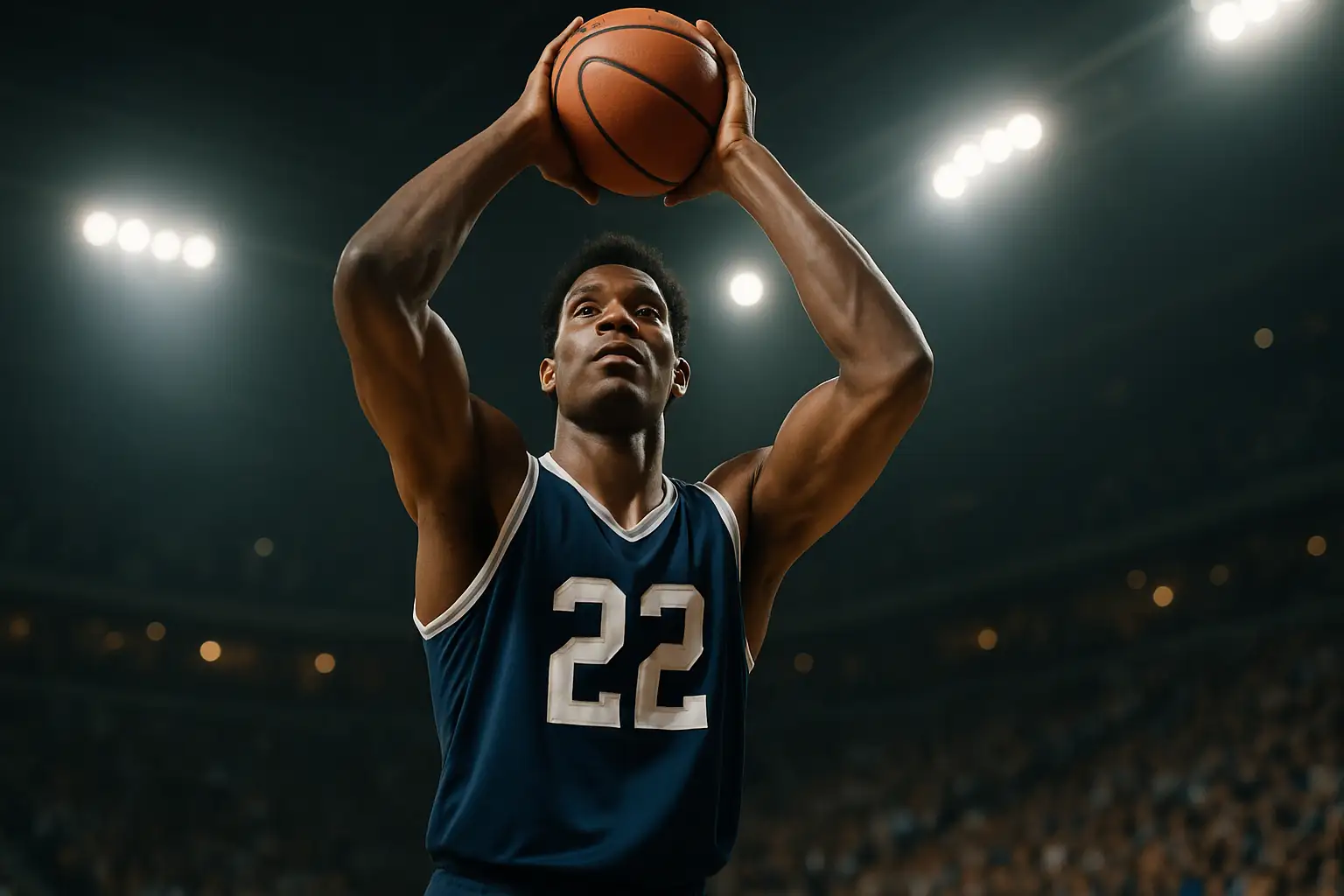 A tall college basketball center preparing to shoot in a packed arena