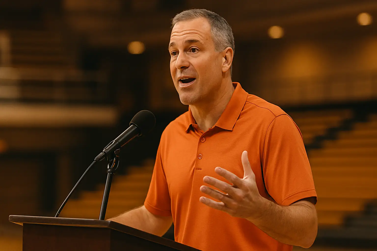 Kansas basketball coach speaking at a podium during an offseason press event