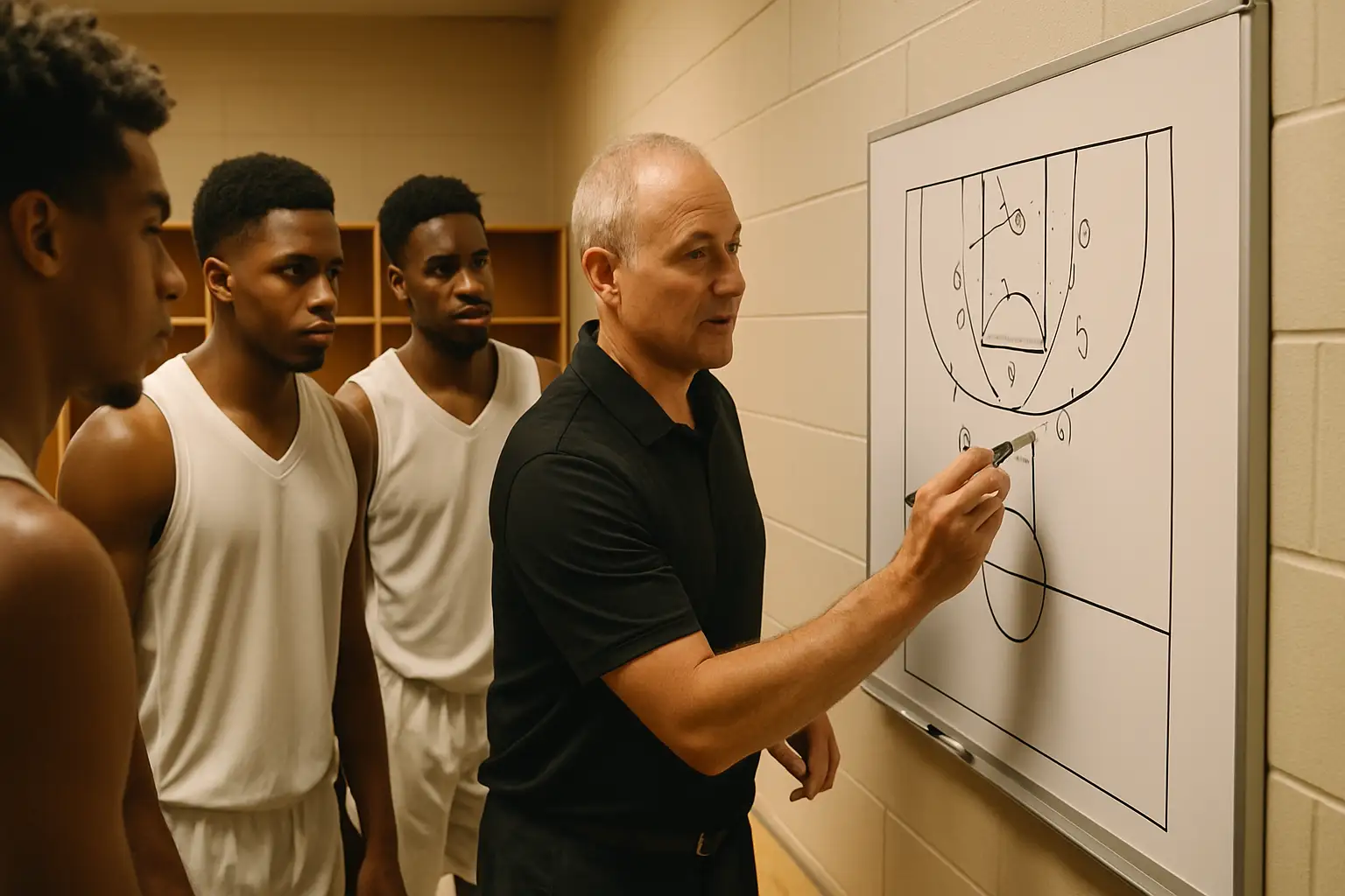 A college basketball coach drawing up a play on a whiteboard in a modern arena setting