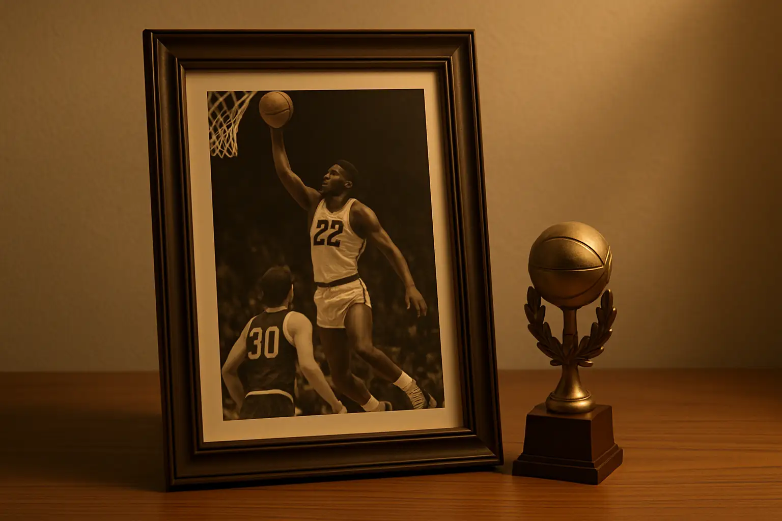 Vintage-style basketball photo display piece representing Indiana Hoosiers history