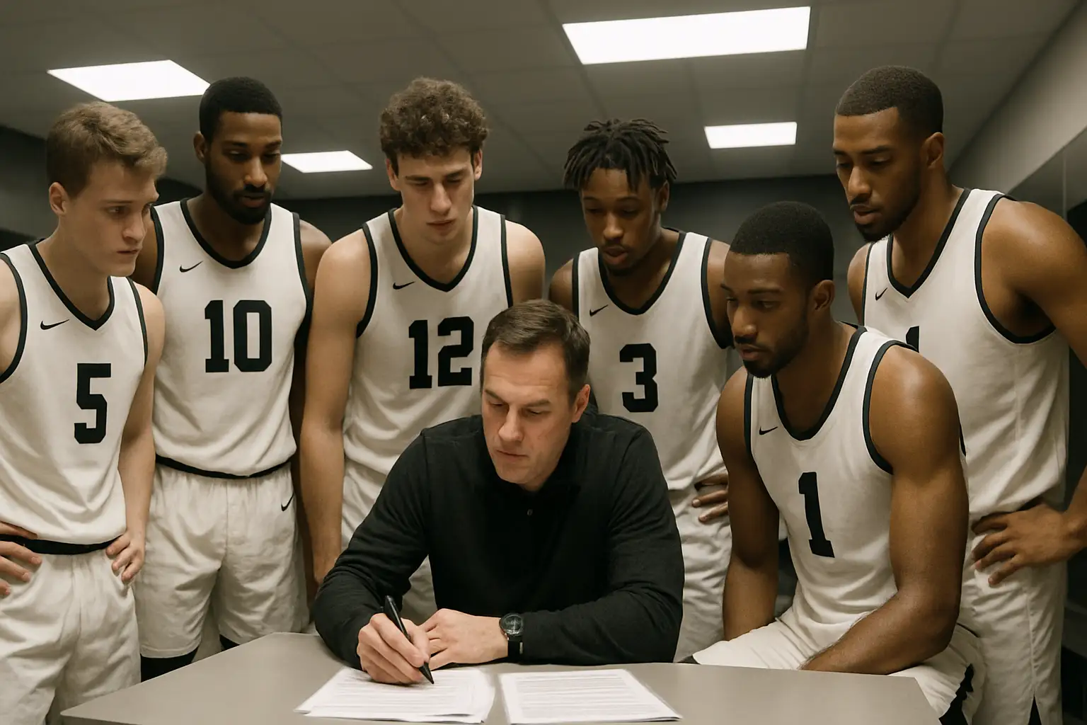 College basketball players in a locker room reviewing documents with a coach